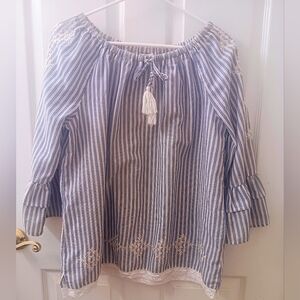 Striped Blue and White Blouse with Tassel